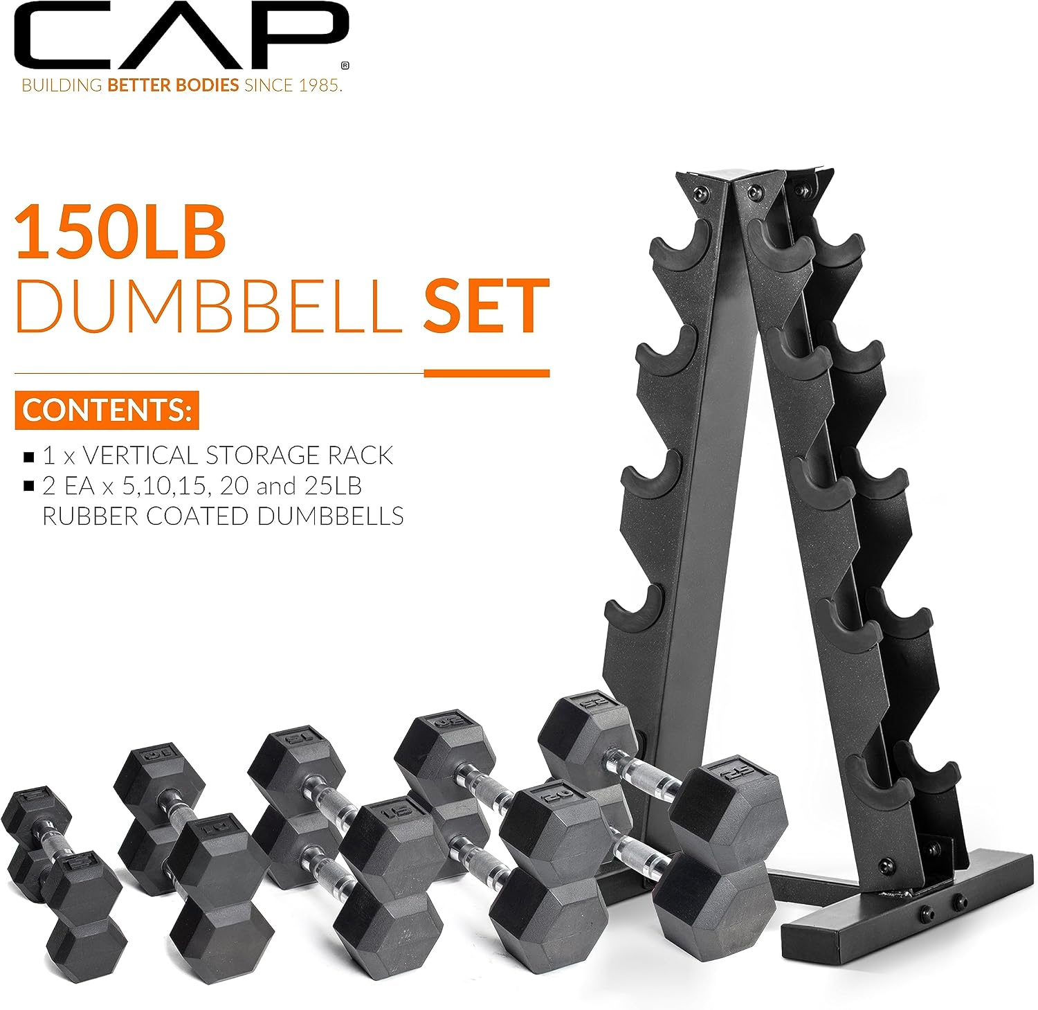CAP Rubber Coated Dumbbell Weight Set with Vertical Rack | 100 lb, 150 lb, and 210 lb Options - Image 2