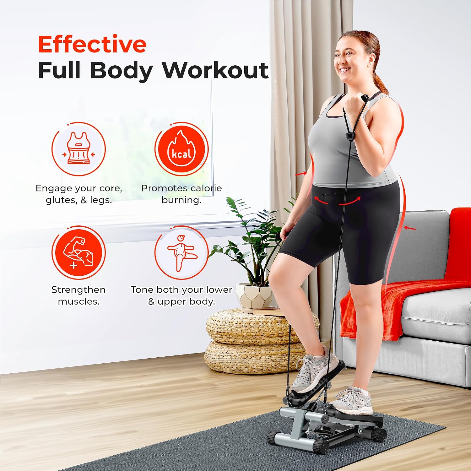 Sunny Health & Fitness Mini Stair Stepper w/Resistance Bands for Home Gym - Image 2