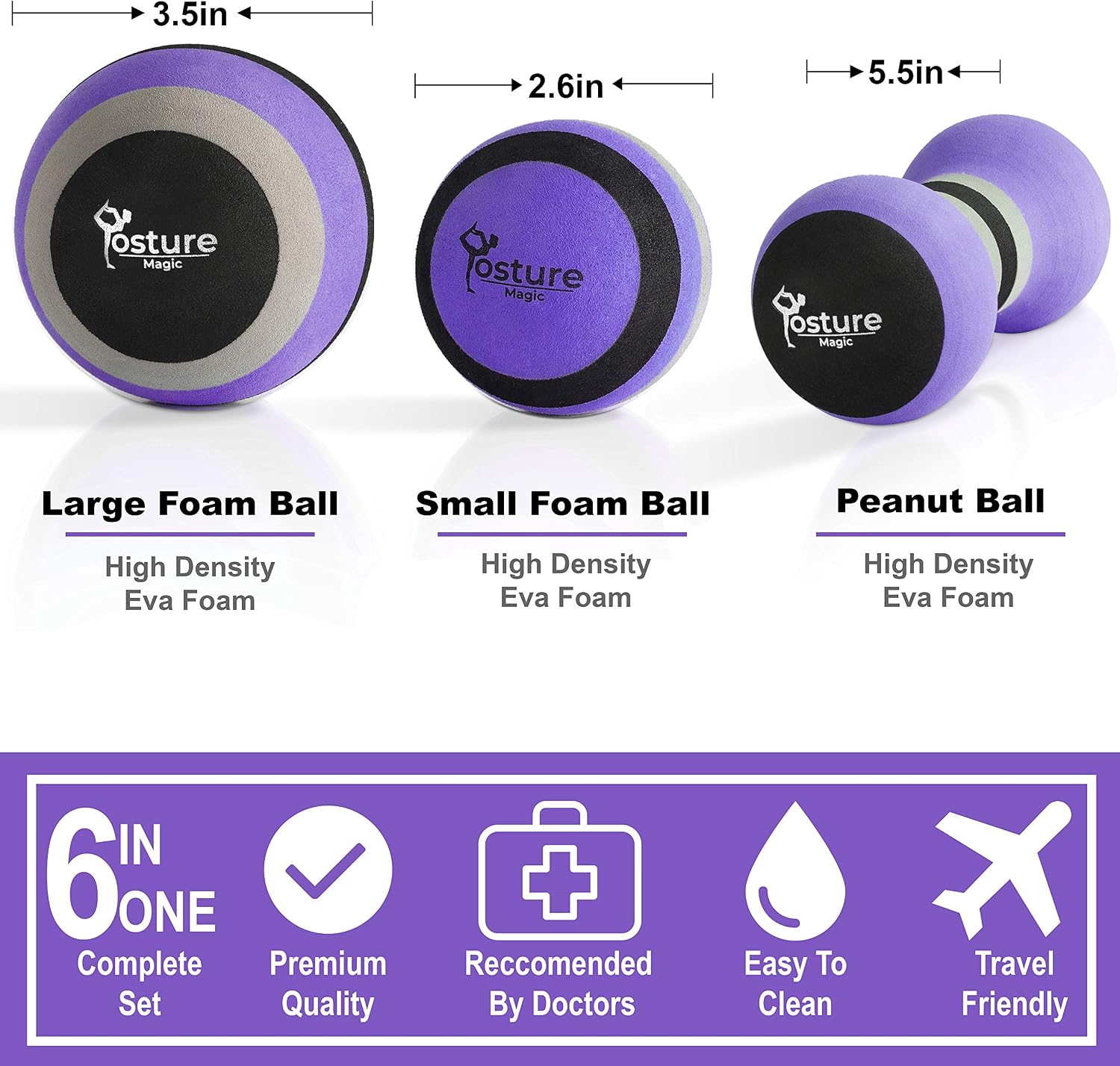 Posture Magic Massage Ball Kit for Myofascial Trigger Point Release & Deep Tissue Massage - Set of 6 - Large Foam/Small Foam/Lacrosse/Peanut/Spiky/Hand Exercise Ball (Purple) - Image 2