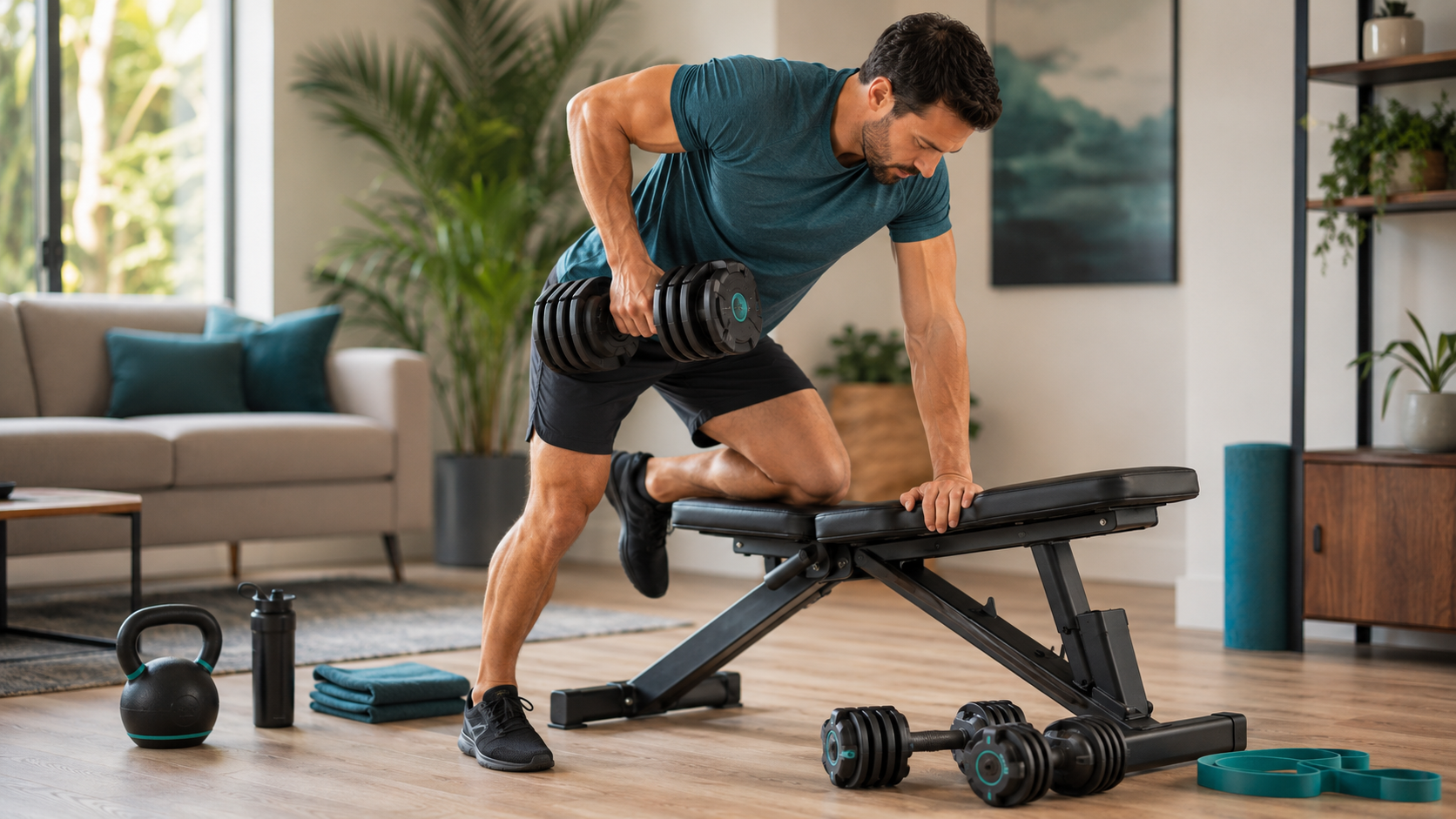 Dumbbell strength training equipment arranged in a gym