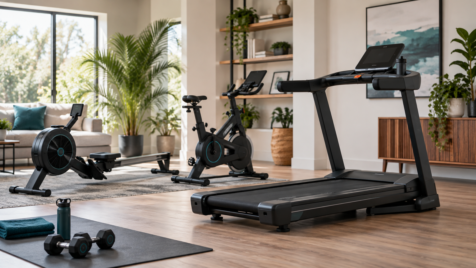Home gym with treadmill and cardio exercise equipment